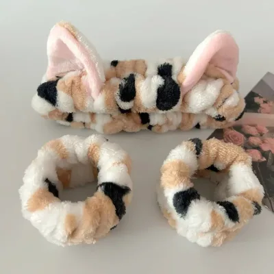 Cat Ear Leopard Print Plush Spa Headband Set of 3 Face Wash Wrist Strap