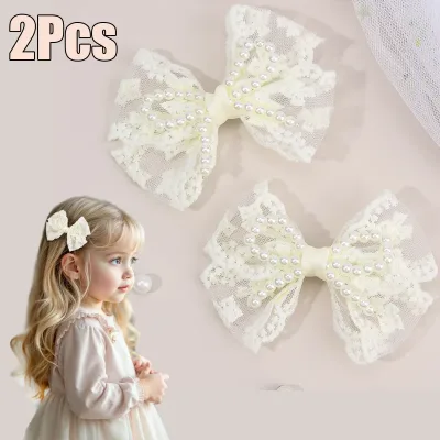 2Pcs Flower Lace Bow Hair Clips For Girls Sweet Pearls Hairpins Floral Embroidery Barrette Children Kids Headwear Access