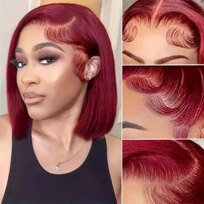 99j Burgundy Lace Front Wig Red Colored Straight Short Bob Wig Huma...