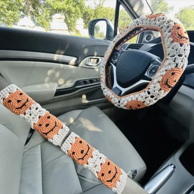 Halloween Handmade Crocheted Pumpkin Steering Wheel Cover, 2pcs Seat Belt Cover for Car Interior Decoration