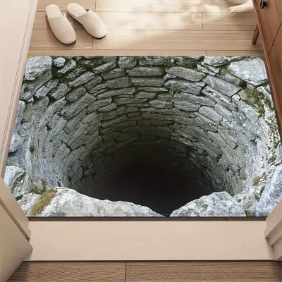 Stone Built Water Well 3D Visual Flat Pattern Design Floor Mat for Household Bathroom Door, Absorbent and Non Slip Foot  image 1